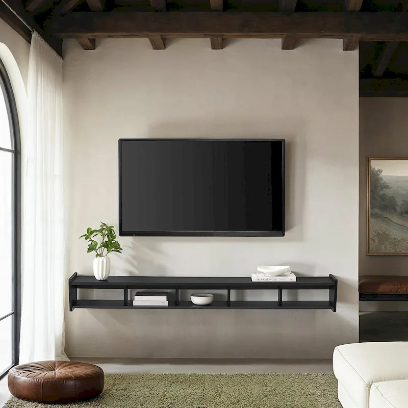Floating Wall-Mounted TV Stand with Open Cubbies