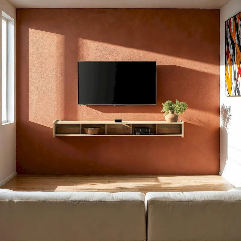 Floating Wall-Mounted TV Stand with Open Cubbies