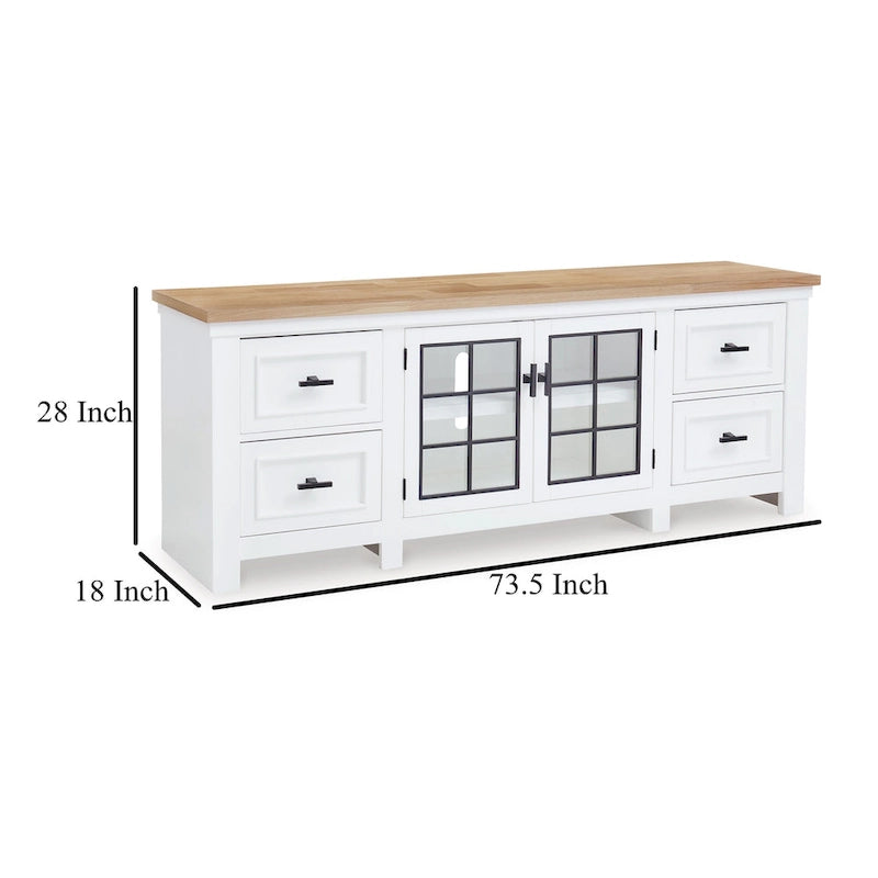 74" TV Media Console with 4 Drawers, 2 Doors, White Hardwood
