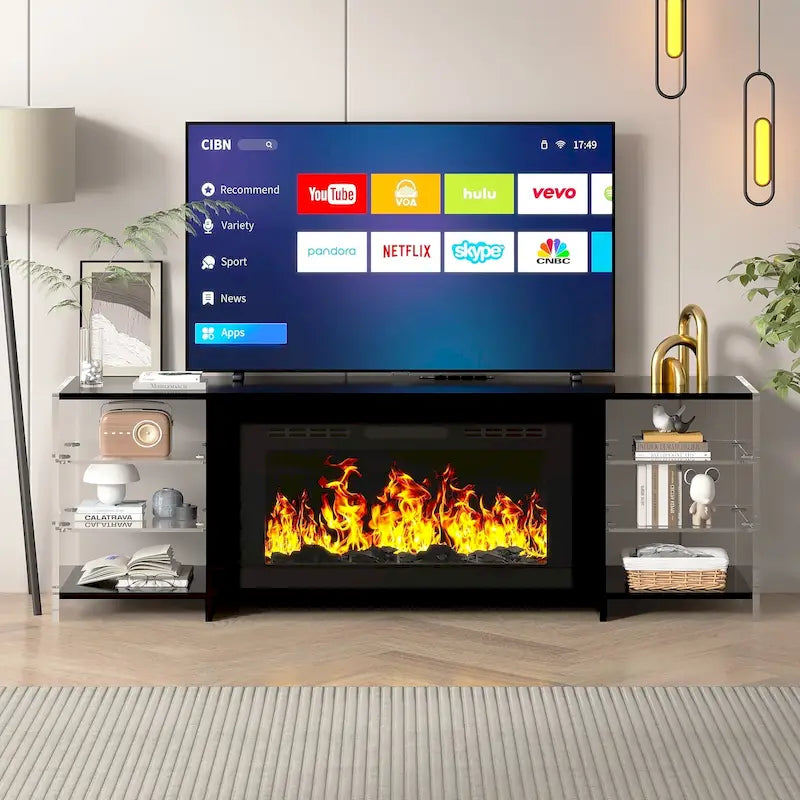 70" Rustic TV Stand without/with Fireplace Heater (2 Options), Media Entertainment Center with Storage Shelves