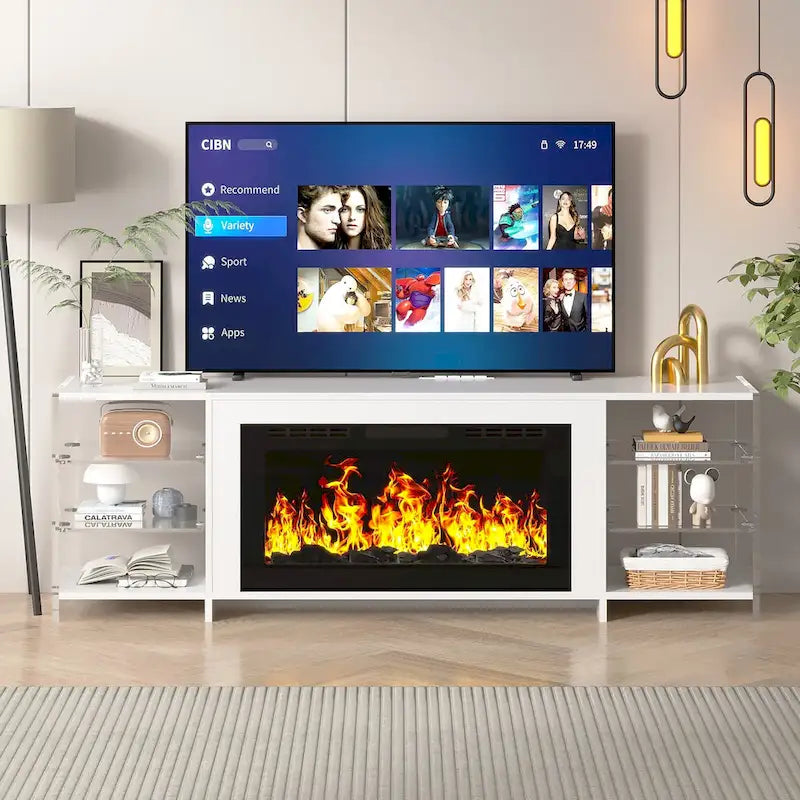 70" Rustic TV Stand without/with Fireplace Heater (2 Options), Media Entertainment Center with Storage Shelves