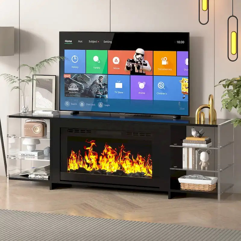 70" Rustic TV Stand without/with Fireplace Heater (2 Options), Media Entertainment Center with Storage Shelves