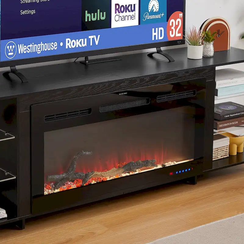 70" Rustic TV Stand without/with Fireplace Heater (2 Options), Media Entertainment Center with Storage Shelves