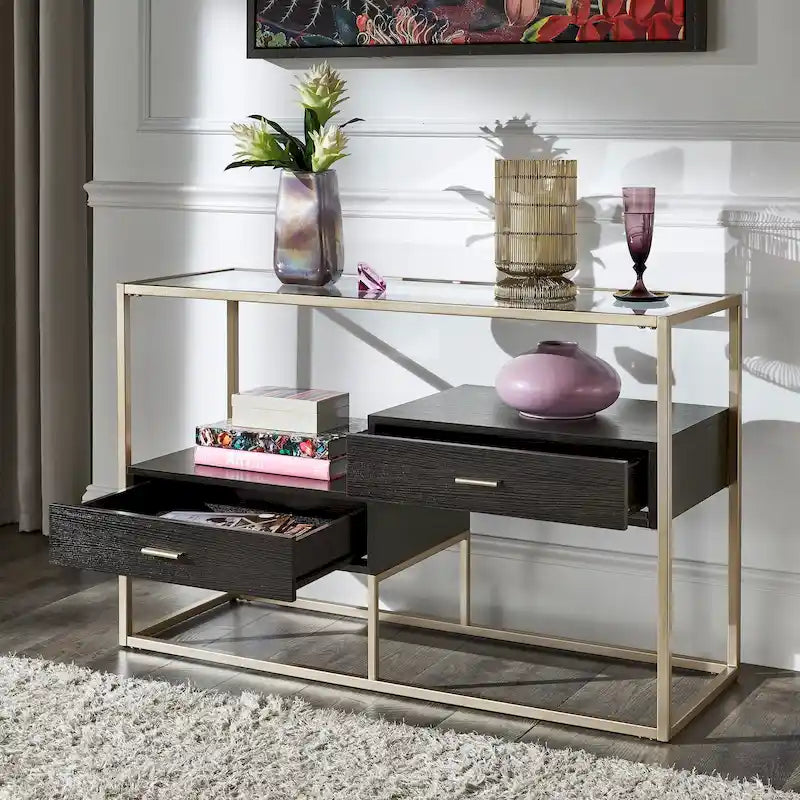 Champagne Silver Finish Sofa Table with Tempered Glass Top and Storage