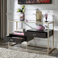 Champagne Silver Finish Sofa Table with Tempered Glass Top and Storage