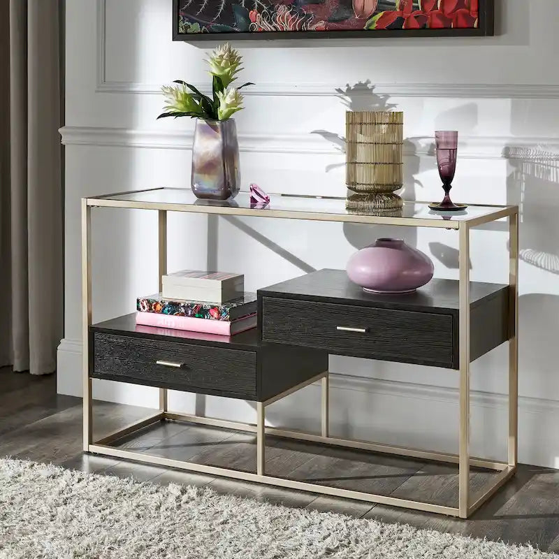 Champagne Silver Finish Sofa Table with Tempered Glass Top and Storage