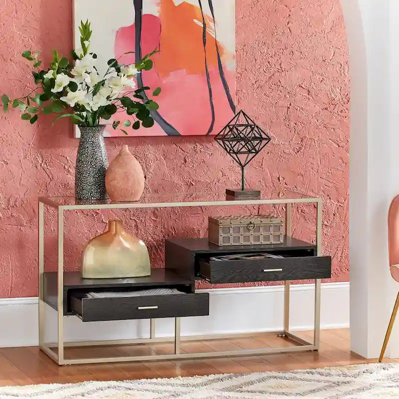 Champagne Silver Finish Sofa Table with Tempered Glass Top and Storage