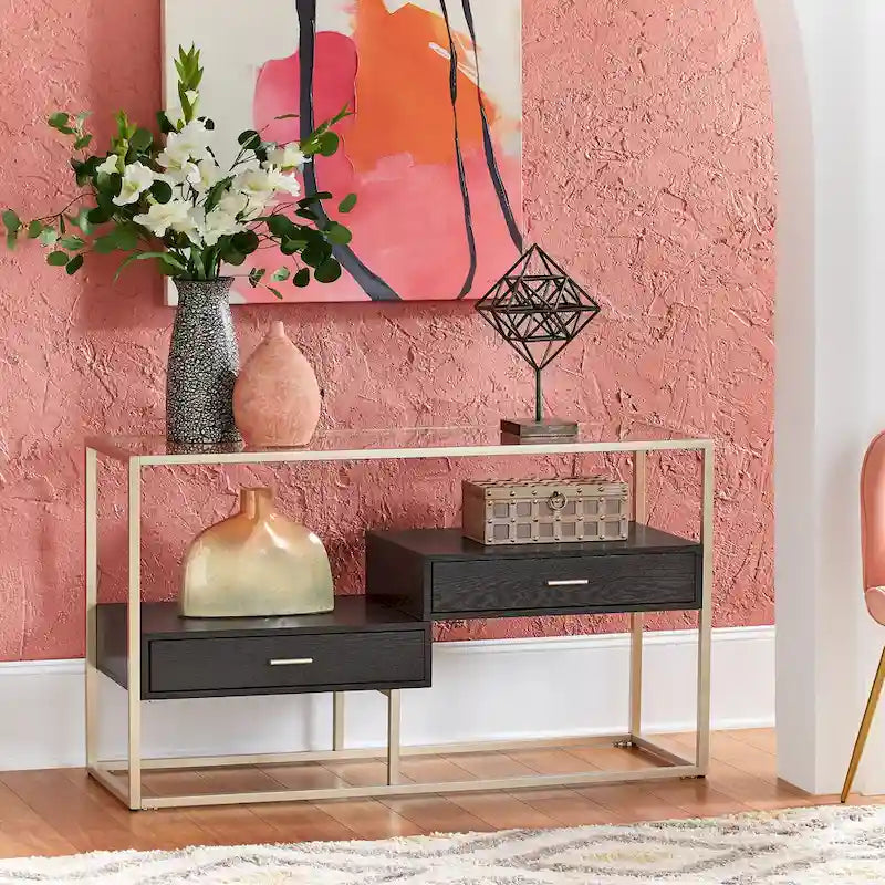 Champagne Silver Finish Sofa Table with Tempered Glass Top and Storage