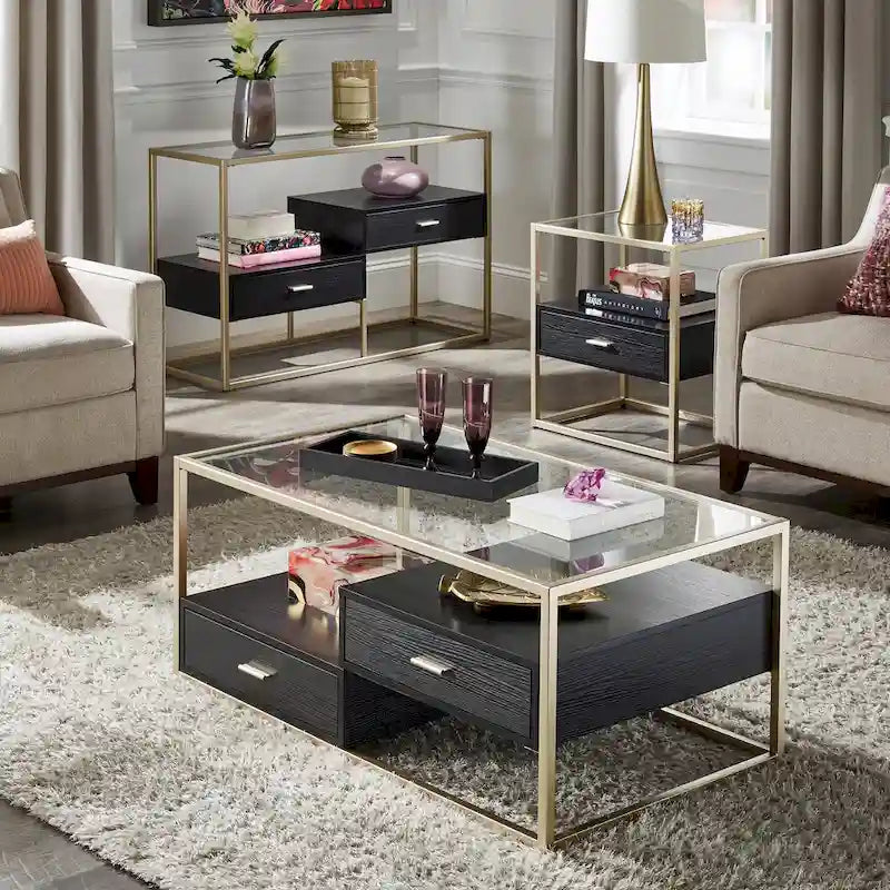 Champagne Silver Finish Sofa Table with Tempered Glass Top and Storage