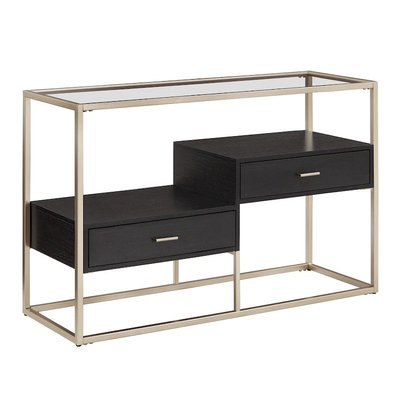 Champagne Silver Finish Sofa Table with Tempered Glass Top and Storage