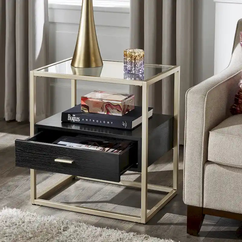 Champagne Silver Finish End Table with Tempered Glass Top and Storage