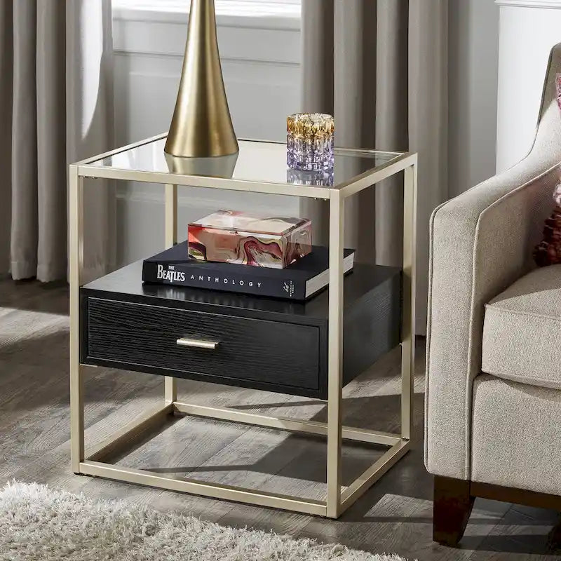 Champagne Silver Finish End Table with Tempered Glass Top and Storage
