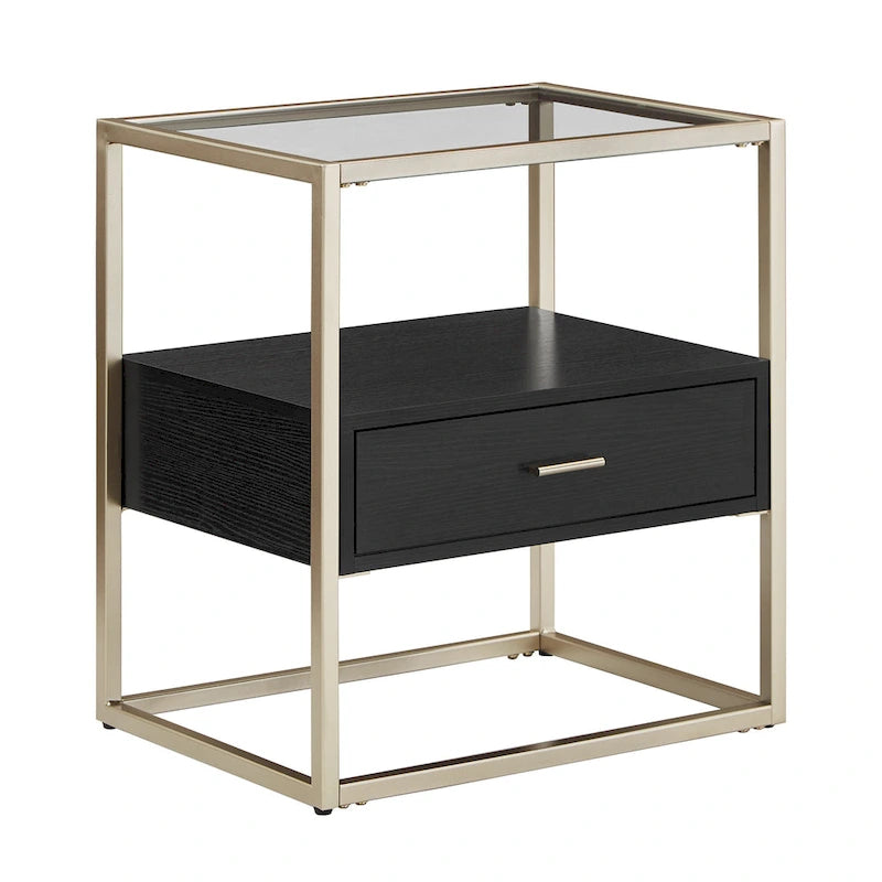 Champagne Silver Finish End Table with Tempered Glass Top and Storage