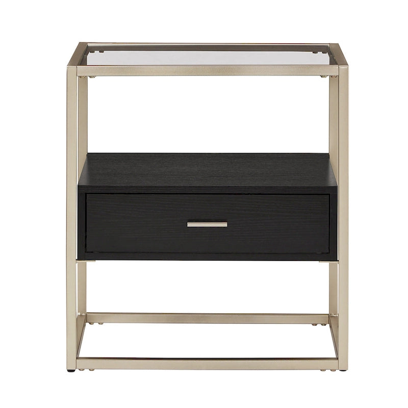 Champagne Silver Finish End Table with Tempered Glass Top and Storage