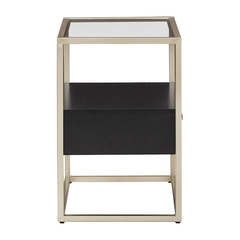 Champagne Silver Finish End Table with Tempered Glass Top and Storage