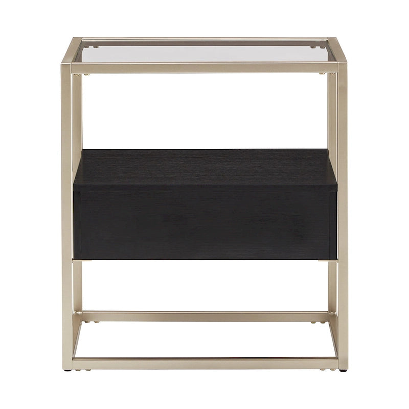 Champagne Silver Finish End Table with Tempered Glass Top and Storage