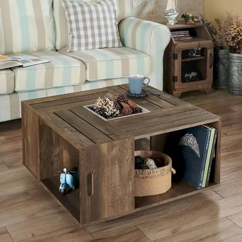 Rustic Oak 32" Open Shelf Mobile Coffee Table with Caster Wheels