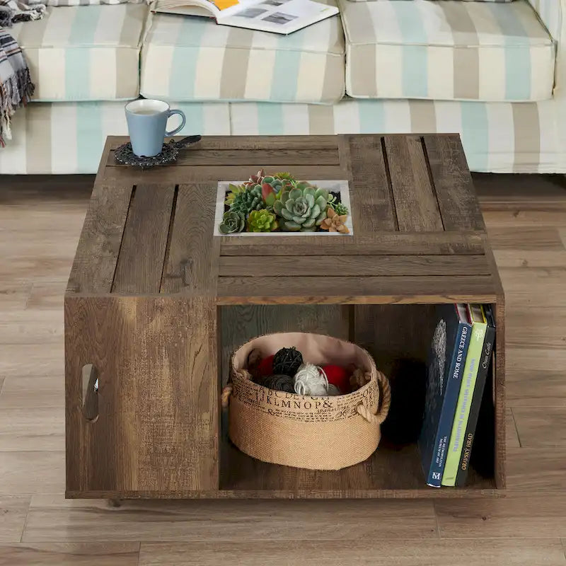 Rustic Oak 32" Open Shelf Mobile Coffee Table with Caster Wheels