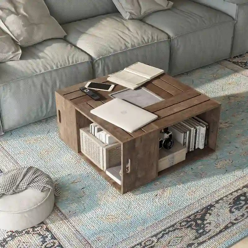 Rustic Oak 32" Open Shelf Mobile Coffee Table with Caster Wheels