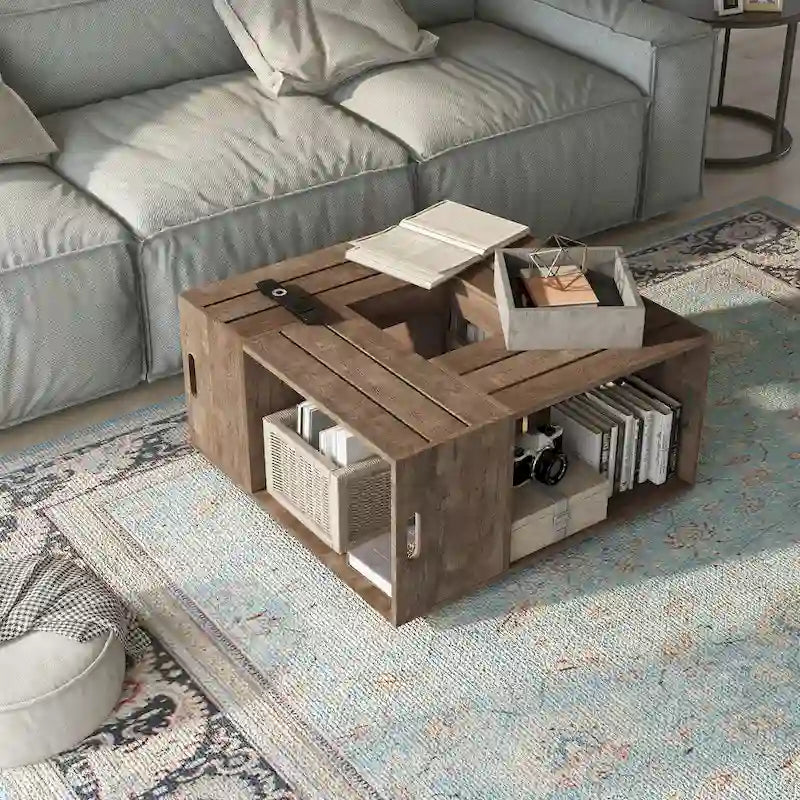 Rustic Oak 32" Open Shelf Mobile Coffee Table with Caster Wheels