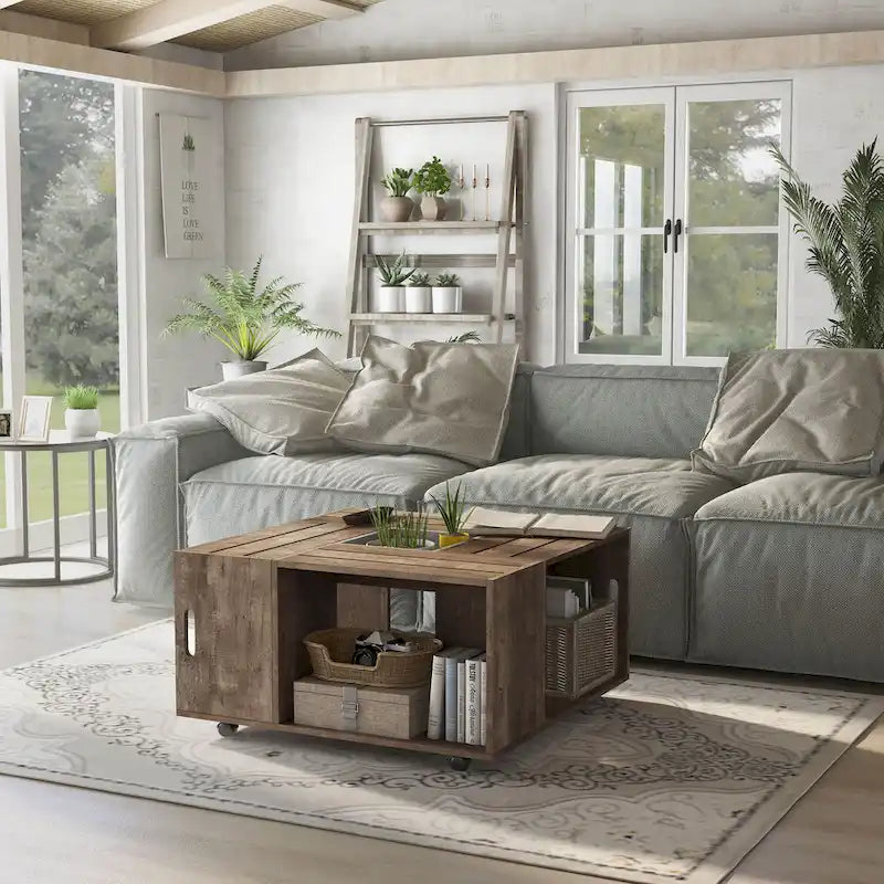 Rustic Oak 32" Open Shelf Mobile Coffee Table with Caster Wheels
