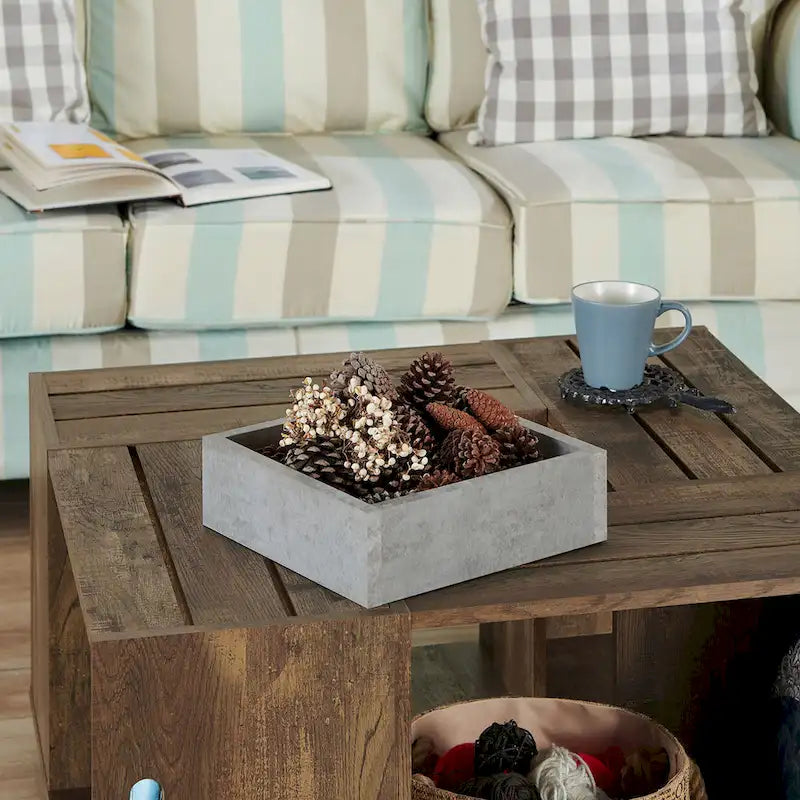 Rustic Oak 32" Open Shelf Mobile Coffee Table with Caster Wheels