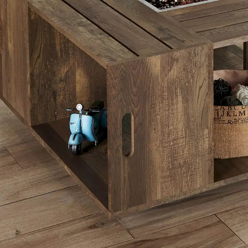 Rustic Oak 32" Open Shelf Mobile Coffee Table with Caster Wheels