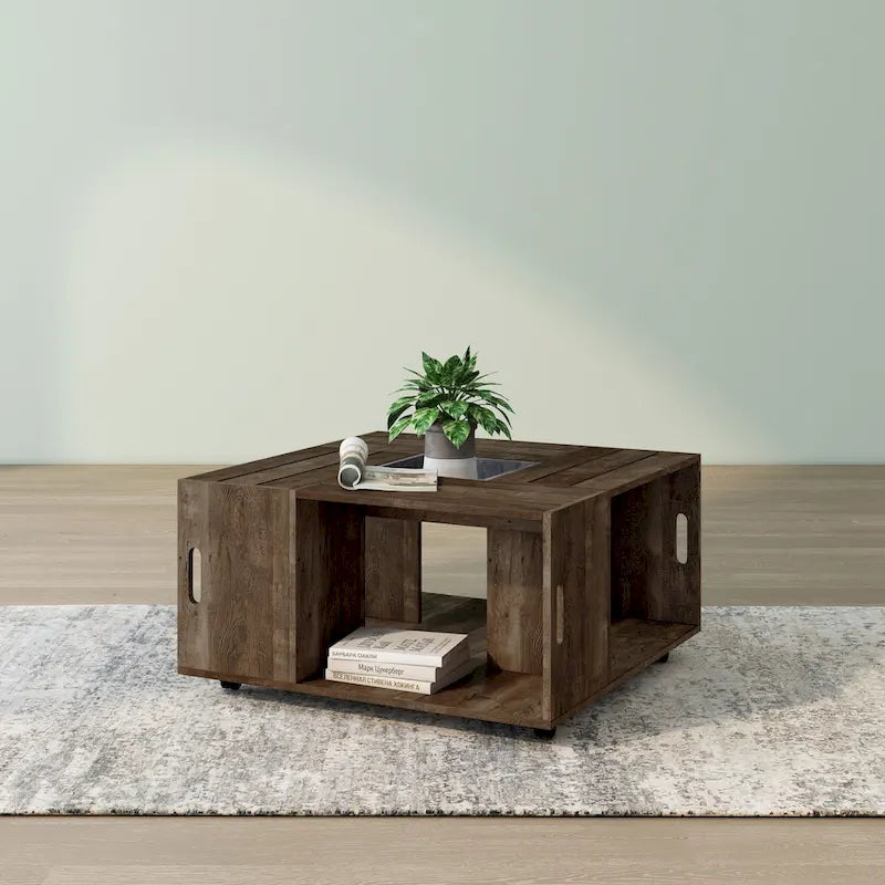 Rustic Oak 32" Open Shelf Mobile Coffee Table with Caster Wheels