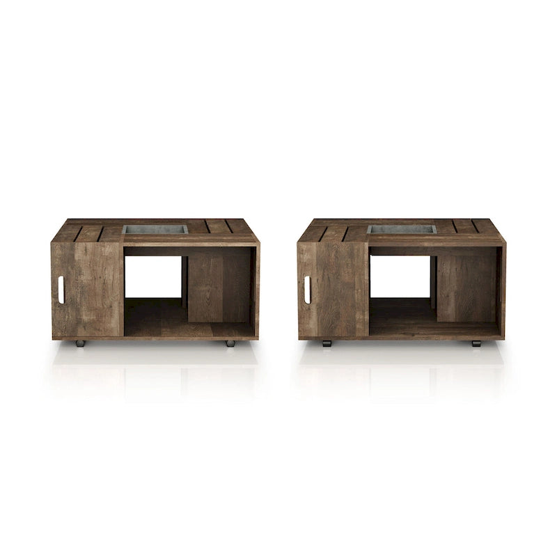 Rustic Oak 32" Open Shelf Mobile Coffee Table with Caster Wheels