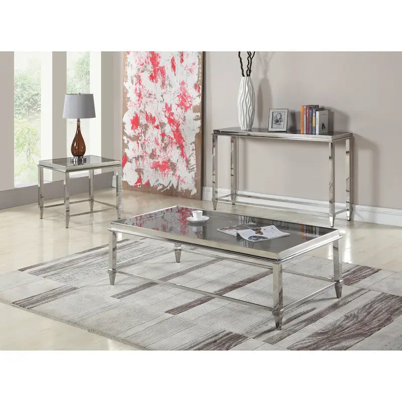 Smoked Glass Sofa Table with Polished Stainless Steel Base