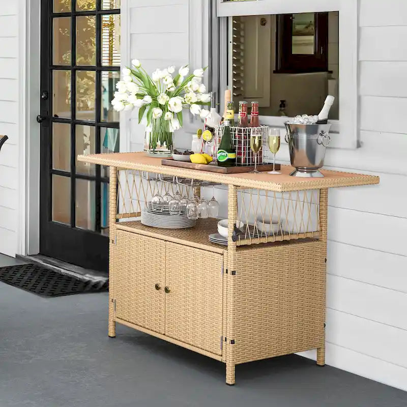 Outdoor Wicker Bar Counter Cabinet with Plastic Wood Tabletop - 50.4"L x 20.9"W x 33.9"H