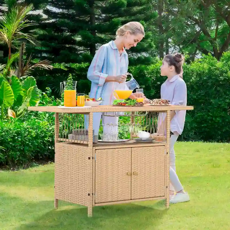 Outdoor Wicker Bar Counter Cabinet with Plastic Wood Tabletop - 50.4"L x 20.9"W x 33.9"H