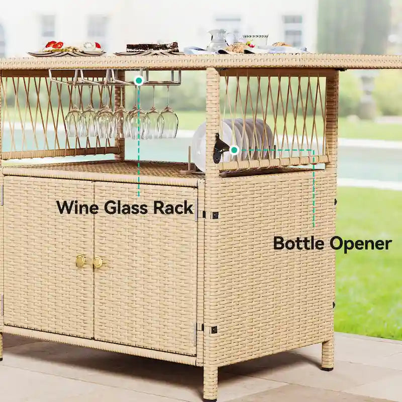 Outdoor Wicker Bar Counter Cabinet with Plastic Wood Tabletop - 50.4"L x 20.9"W x 33.9"H