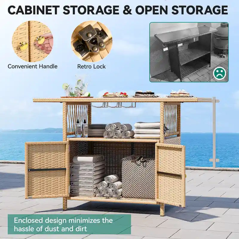 Outdoor Wicker Bar Counter Cabinet with Plastic Wood Tabletop - 50.4"L x 20.9"W x 33.9"H