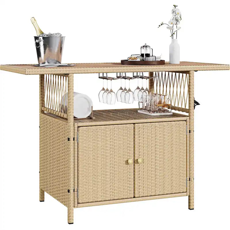 Outdoor Wicker Bar Counter Cabinet with Plastic Wood Tabletop - 50.4"L x 20.9"W x 33.9"H