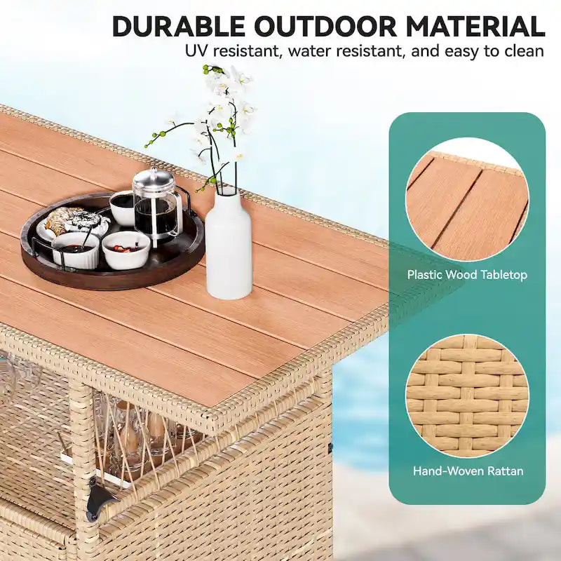 Outdoor Wicker Bar Counter Cabinet with Plastic Wood Tabletop - 50.4"L x 20.9"W x 33.9"H