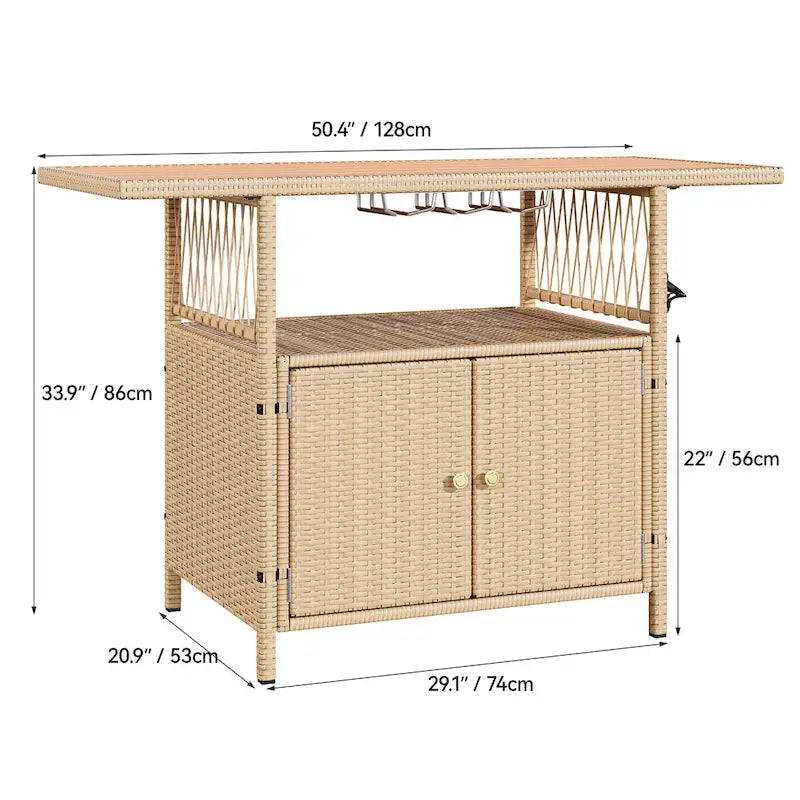 Outdoor Wicker Bar Counter Cabinet with Plastic Wood Tabletop - 50.4"L x 20.9"W x 33.9"H