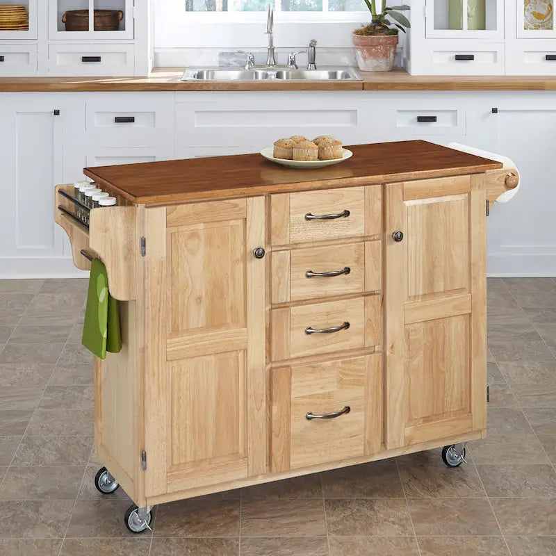 Natural Finish 4-Drawer Kitchen Cart