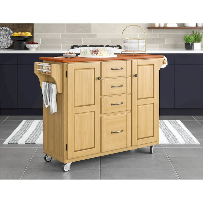 Natural Finish 4-Drawer Kitchen Cart