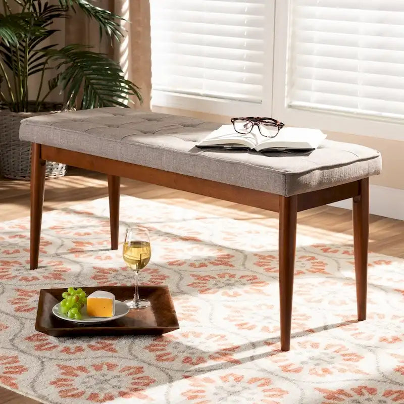 Mid-Century Modern Fabric Upholstered Dining Bench in Grey