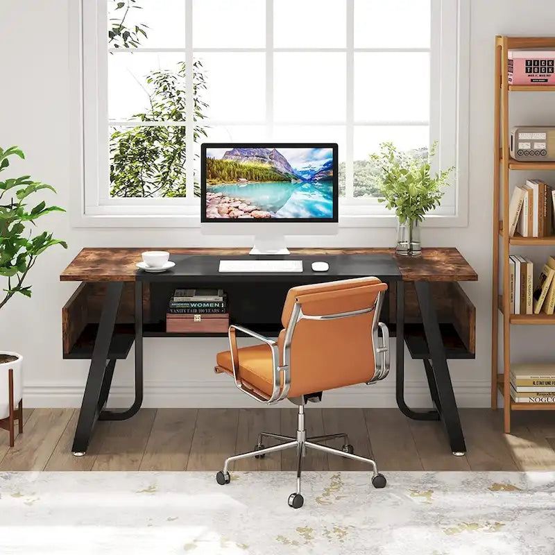 63 inch Large Executive Desk Office Desk with Storage Shelf for Home Office, Rustic Brown Black