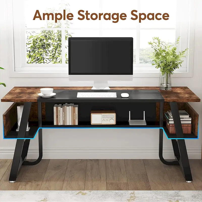 63 inch Large Executive Desk Office Desk with Storage Shelf for Home Office, Rustic Brown Black