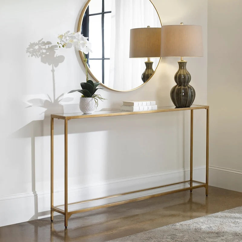 Metal and Tempered Glass Narrow Console Table