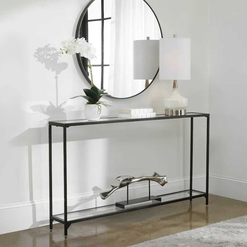 Metal and Tempered Glass Narrow Console Table