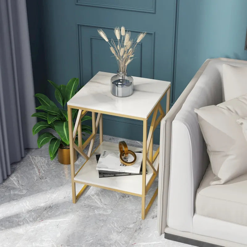 Sintered Stone End Coffee Table 2 Tier Side Table With Storage Shelf - 15.75x15.75x22.83 inch