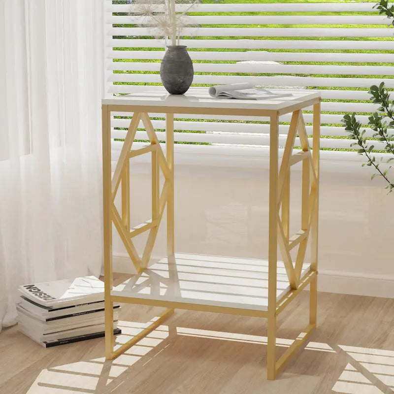 Sintered Stone End Coffee Table 2 Tier Side Table With Storage Shelf - 15.75x15.75x22.83 inch