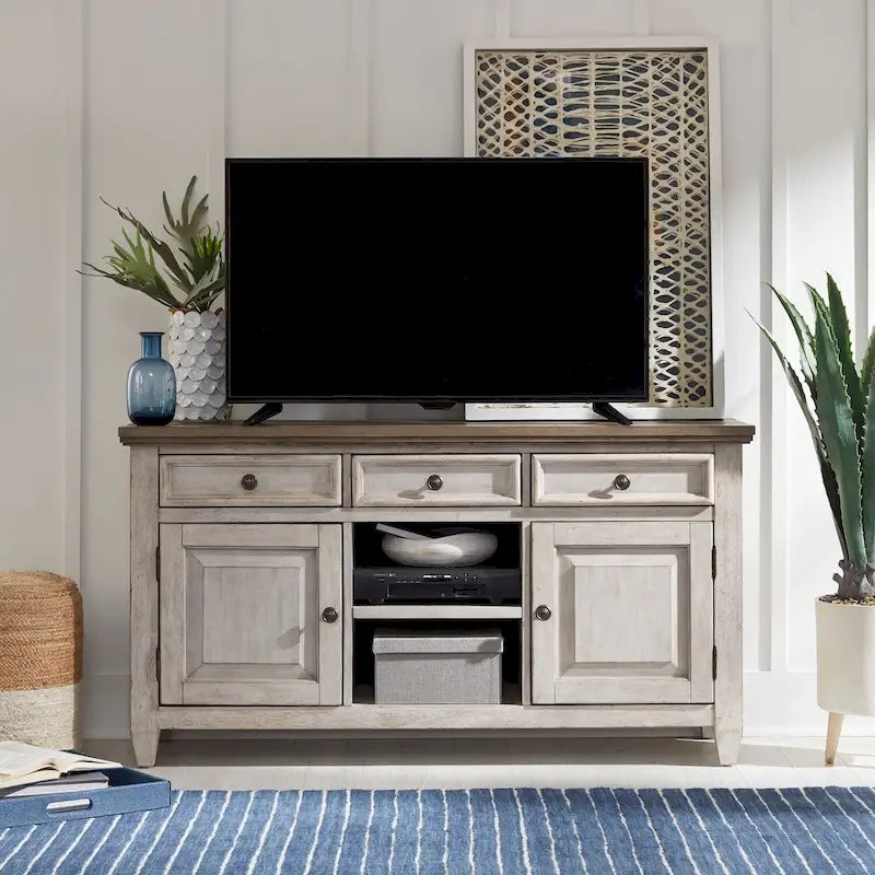 56" Antique White Tile TV Console with Tobacco Tops