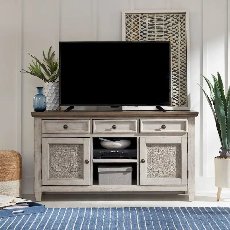 56" Antique White Tile TV Console with Tobacco Tops