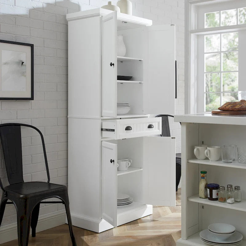 Coastal White Pantry Cabinet with Beadboard and Adjustable Shelves