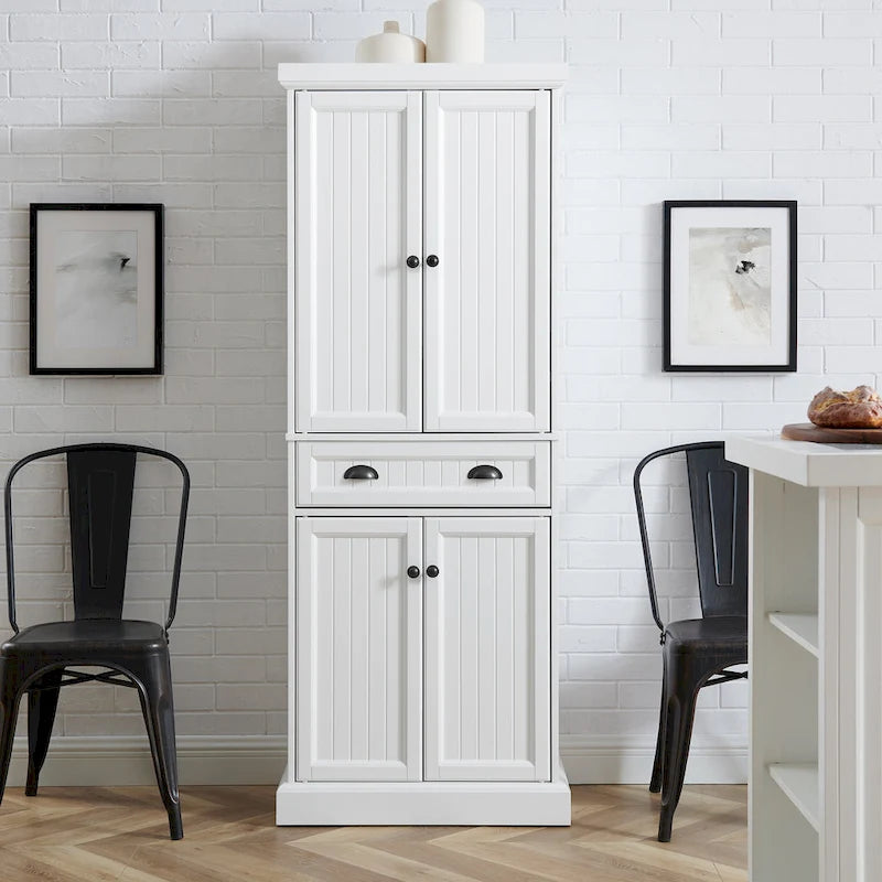 Coastal White Pantry Cabinet with Beadboard and Adjustable Shelves